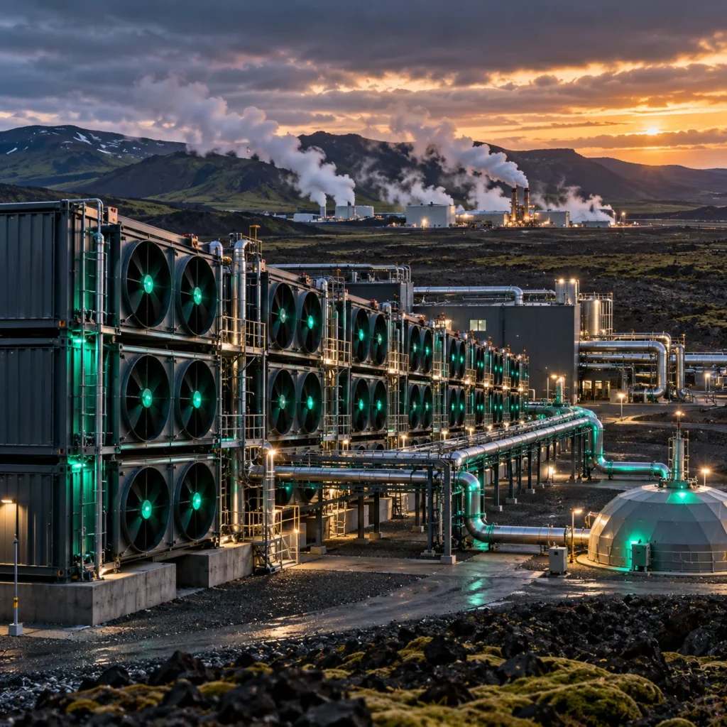 Rows of direct air capture collector containers with large fans on a volcanic plain in Iceland, connected by pipework to a CO₂ injection wellhead, with geothermal steam plumes in the background at dusk.