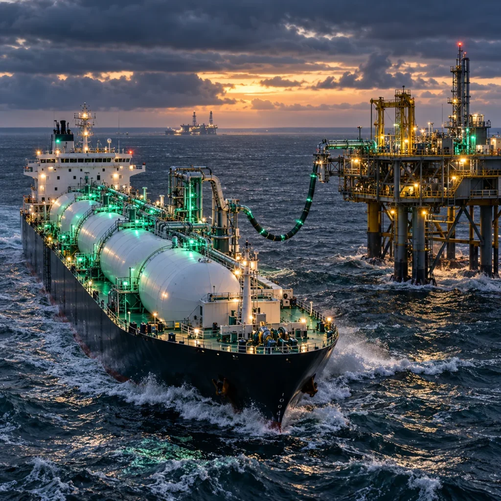 A liquefied CO₂ carrier ship approaches an offshore carbon storage injection platform in a rough North Sea under a grey evening sky.