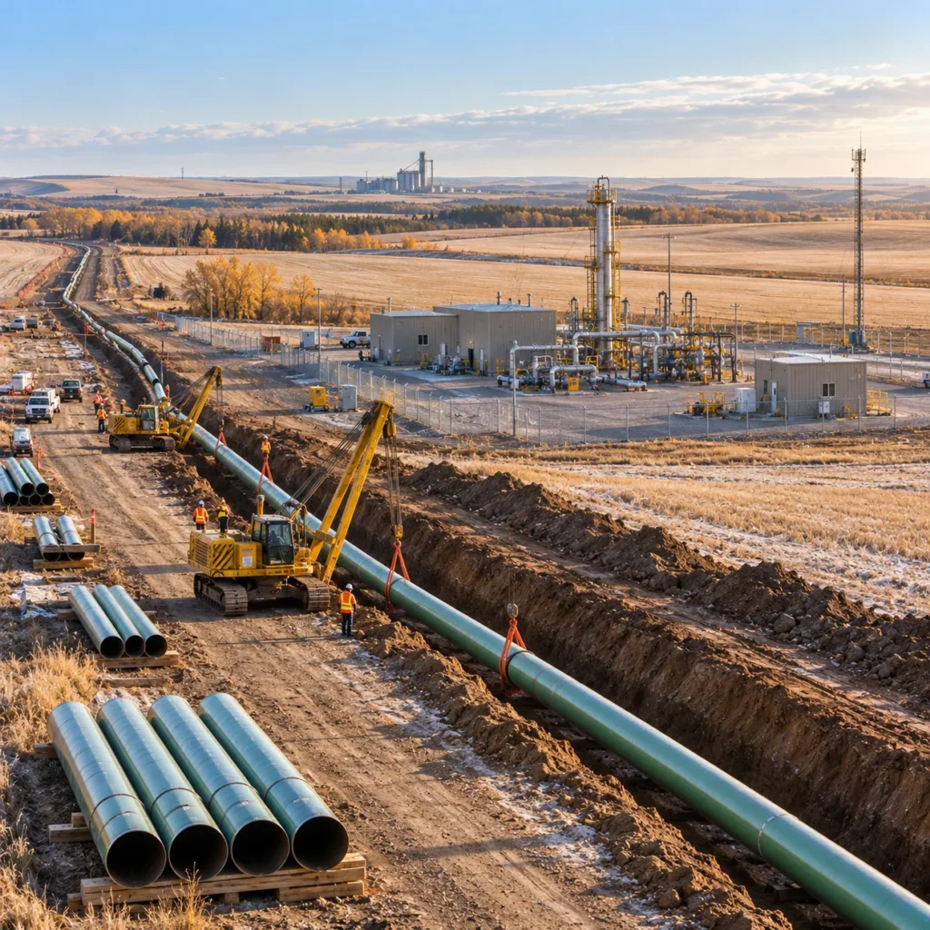 A CO₂ pipeline being lowered into a trench across frosty harvested farmland in central Alberta, leading to a new carbon storage injection site.